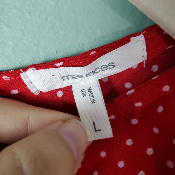 Maurices Womens Red Polka Dot Ruffle Short Sleeve V-Neck Tie Blouse Size Large - Picture 3 of 5